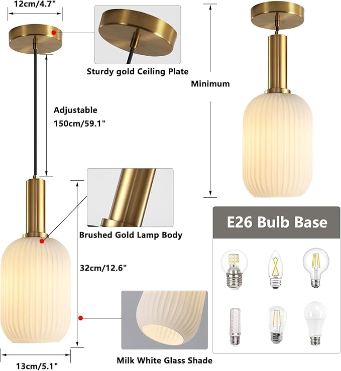 KCO Lighting Modern White Ribbed Pendant Light Small 1-Light Milk Glass Kitchen Lighting Fixtures Ceiling Mount Mid Century Frosted Globe Pendant Light Single Brushed Gold Hanging Lighting, 13cm