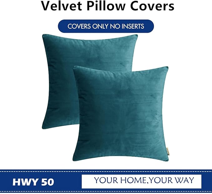 HWY 50 Ocean Blue Velvet Throw Pillow Covers 22x22 Inch, Pack of 2 Soft Cozy Solid Decorative Luxury Cushion Cases for Couch Sofa Bed Living Room Bedroom