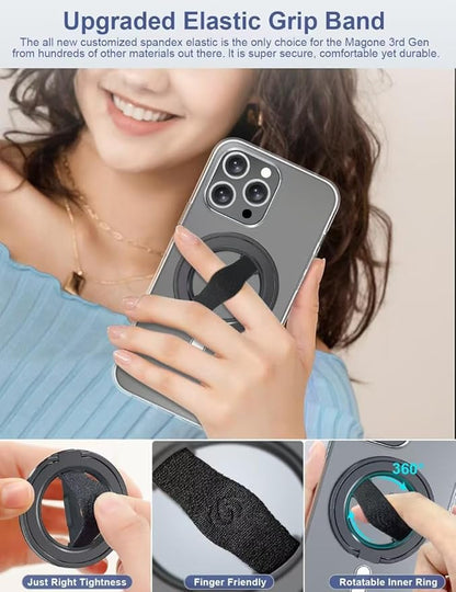 EWA MagOne 3rd Gen [Compatible with MagSafe] Phone Grip Stand with Finger Strap, Removable Magnetic Ring Holder Kickstand Loop for iPhone 17,16,15,14,13,12 Series (Black)