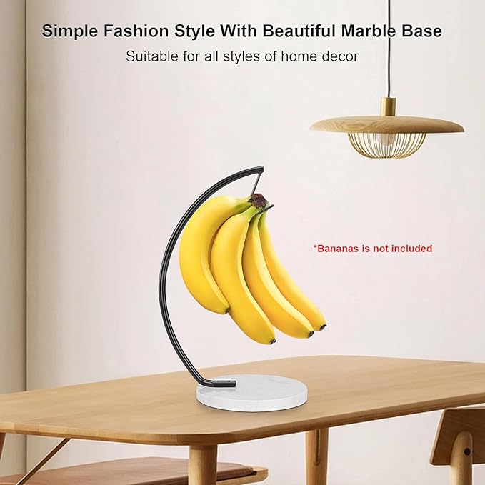 Livabber Banana Holder with Marble Base, Metal Banana Hanger Modern Tree Stand with Hook, Stylish Banana Keeper Fresh Fruit Storage Organizer Freestanding for Kitchen Countertop (Black, Single Hook)