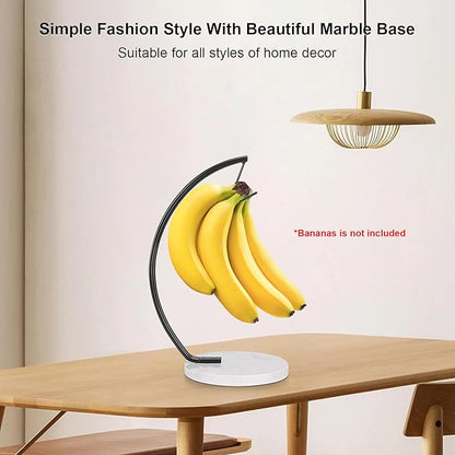 Livabber Banana Holder with Marble Base, Metal Banana Hanger Modern Tree Stand with Hook, Stylish Banana Keeper Fresh Fruit Storage Organizer Freestanding for Kitchen Countertop (Black, Single Hook)