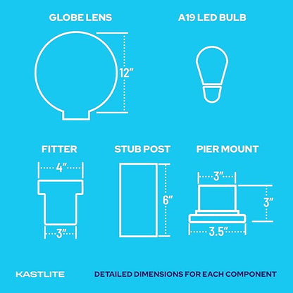 KASTLITE 12" Globe Pier Mount Outdoor Lighting with LED Lamp | UV & Waterproof Pillar & Column Lights | Deck Driveway Yard Patio & Garden Fixture | Made in USA | Prismatic Cover, Black Basic Base