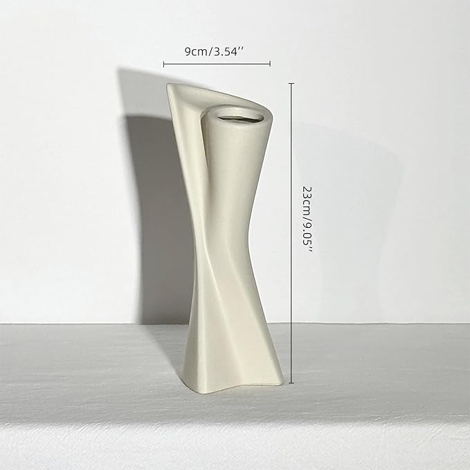 Twisted Ceramic Vase - 9" White Modern Sculptural Vase, Geometric Flower Holder for Table, Shelf & Mantel - Minimalist Home Decor