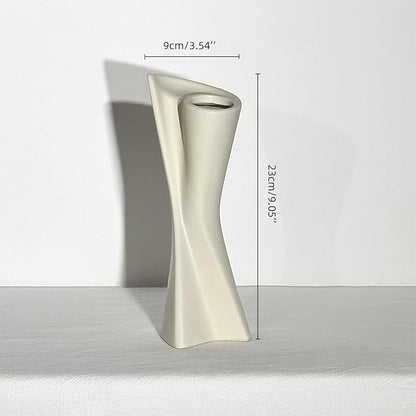 Twisted Ceramic Vase - 9" White Modern Sculptural Vase, Geometric Flower Holder for Table, Shelf & Mantel - Minimalist Home Decor