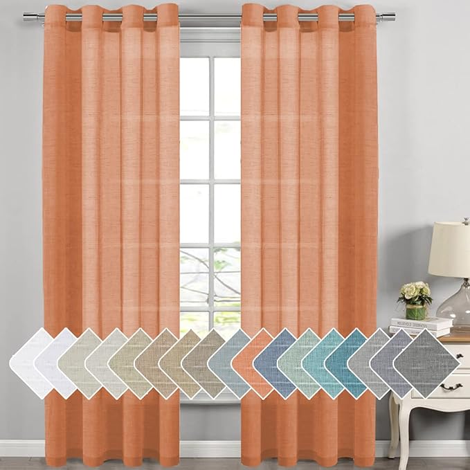 H.VERSAILTEX Linen Curtains Natural Linen Blended Curtain for Living Room/Light Reducing Linen Semi Sheer Curtains 2 Panels Set Nickel Grommet Window Panels (52x108 Inch, Orange)