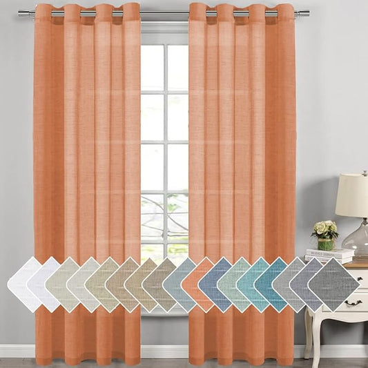 H.VERSAILTEX Linen Curtains Natural Linen Blended Curtain for Living Room/Light Reducing Linen Semi Sheer Curtains 2 Panels Set Nickel Grommet Window Panels (52x108 Inch, Orange)