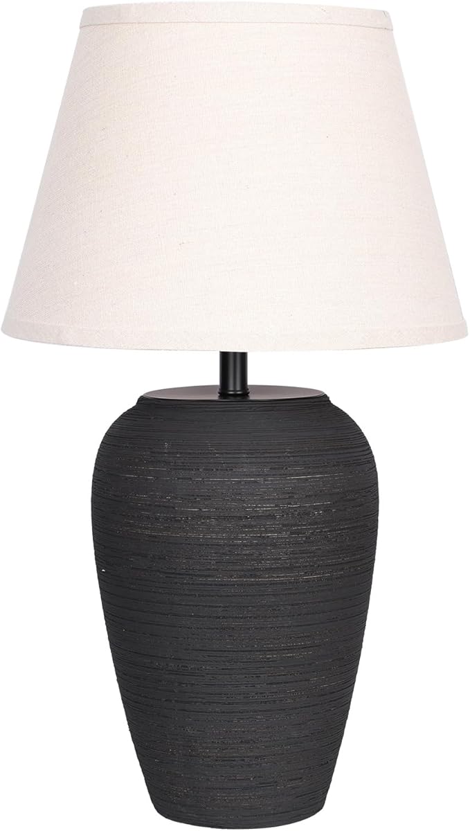 Ceramic Pot Table Lamp 21.25 inch Tall Striped Nightstand Lamp, Tapered Fabric Shade Bedside, Ceramic Decorative for Living Room Bedroom House Office Entryway, TL2