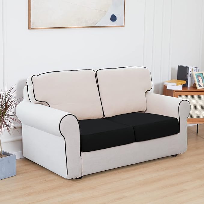 Easy-Going 100% Waterproof Chair Sofa Seat Cushion Slipcovers Couch Cushion Cover Stretch Furniture Protector for Kids, Pets (2-Piece Loveseat Cushion, Black)