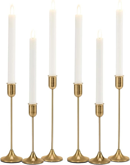 Brass Gold Candlestick Holders, Metal Taper Candle Holders Set of 6, Vintage Modern Candle Sticks Holder Decor for Table Centerpiece, Fireplace Mantel Wedding Housewarming Gift, Candlelit Dinner Décor