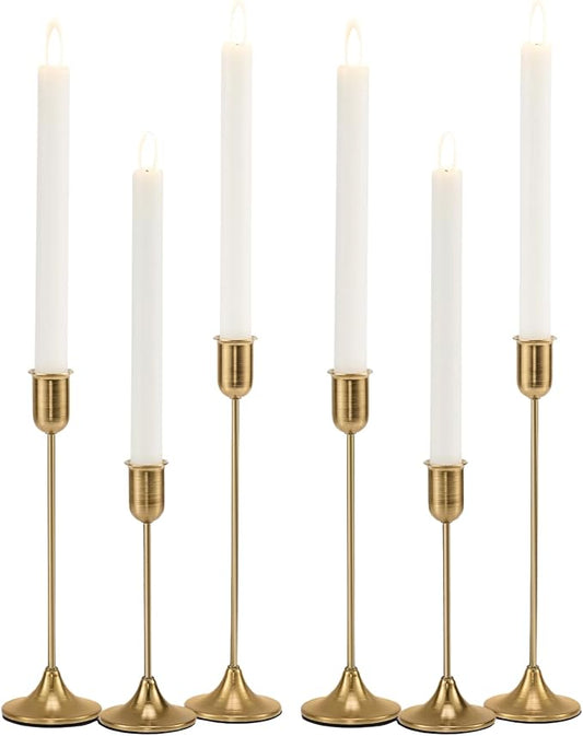 Brass Gold Candlestick Holders, Metal Taper Candle Holders Set of 6, Vintage Modern Candle Sticks Holder Decor for Table Centerpiece, Fireplace Mantel Wedding Housewarming Gift, Candlelit Dinner Décor