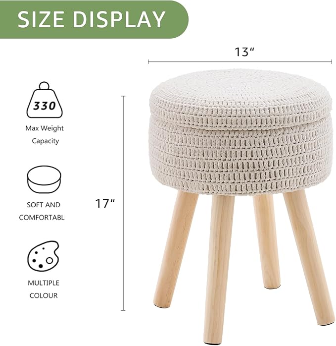 Wimarsbon Pouf Ottoman, 100% Cotton Knitted Boho Footstool, Round Footrest with Non-Skid Wood Legs, Home Décor Handmade Pouffe, Leisure Floor Step Stool for Living Room (High Storage Beige)