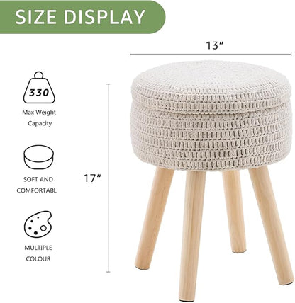 Wimarsbon Pouf Ottoman, 100% Cotton Knitted Boho Footstool, Round Footrest with Non-Skid Wood Legs, Home Décor Handmade Pouffe, Leisure Floor Step Stool for Living Room (High Storage Beige)