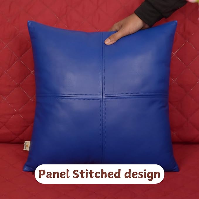 Lambskin Leather Pillow Cover, Hand Panel Stitched Leather Decorative Throw Pillow Covers for Couch Sofa Bed Living Room Garden (18x18 Inches, Deep Blue Pack of 1)