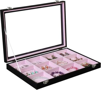 Stratalife Jewelry Organizer Bracelet Earring Holder Organizer Jewelry Drawer Storage Anti Tarnish Bangle Ring Holder Box for Women Girls 12 Grid (Pink Black)