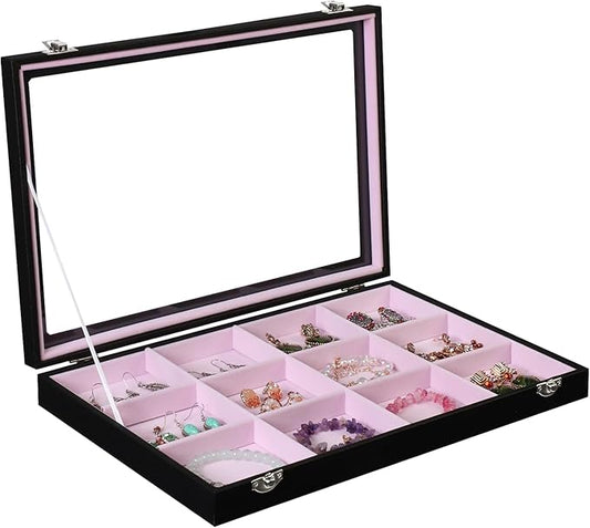 Stratalife Jewelry Organizer Bracelet Earring Holder Organizer Jewelry Drawer Storage Anti Tarnish Bangle Ring Holder Box for Women Girls 12 Grid (Pink Black)