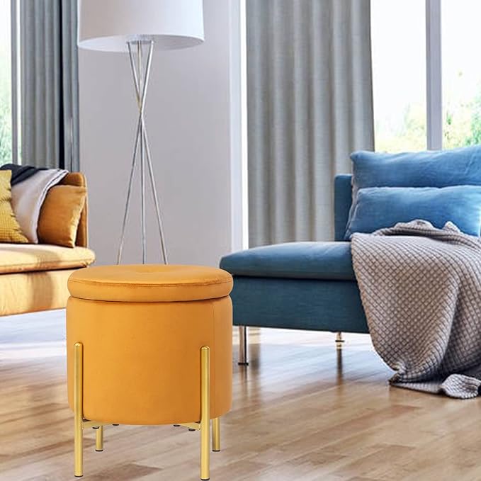 Adeco Upholstered Tufted Round Storage Ottomans, Orange Modern Velvet Footrest Ottomans with Storage for Couch