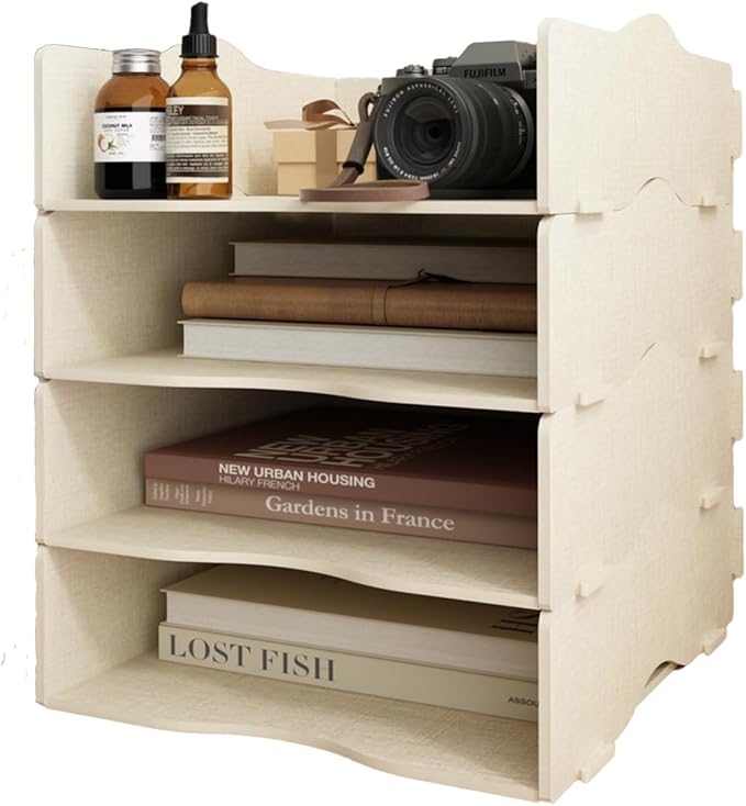 Desk Storage Compartments Stackable Letter Tray Wood for Storage Desk/Document/Paper, File Tray, A4 (Linen)