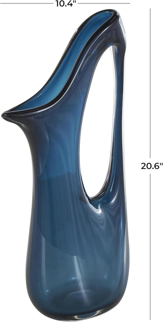 Deco 79 Glass Abstract Decorative Vase Ombre Centerpiece Vase with Cutout Handle and Elongated Opening, Flower Vase for Home Decoration 10" x 5" x 21", Blue