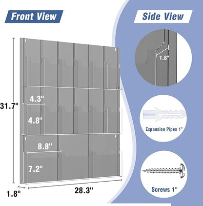 Acrylic Brochure Pamphlet Holder, 3 Magazine Holders and 12 Pamphlet Holders, Wall Mount Display Rack, Trifold Flyer Holder, Literature Organizer for Home, Office, Dual-Tone Clear Front & Black Back
