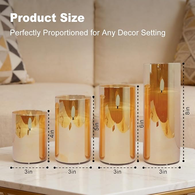 Rechargeable Flameless Candle, Flashing LED Pillar Real Wax Candle with Remote Control and Timer, Gold Glass Electronic Candle, 1 Set of 5（Gold）