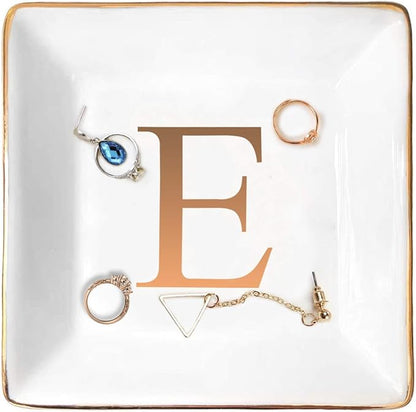 ANOTION Jewelry Tray Ring Dish with Ini-tial Gift- Personalized Trinket Dish and Jewelry Dish with Gold Initials Key Bowl Ceramic Holder, Unique Wedding or Engagement Present