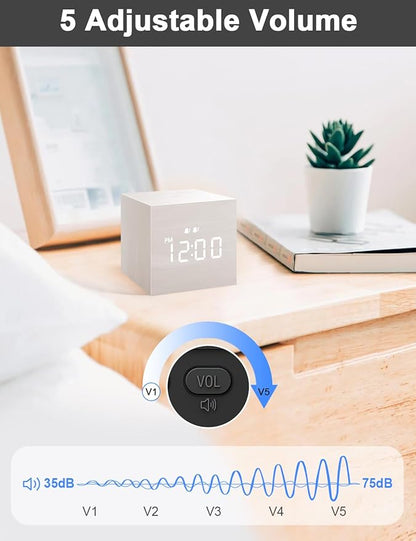 Digital Alarm Clock, with Wooden Electronic LED Time Display, 3 Alarm, 2.5-inch Cubic Small Mini Wood Made Electric Clocks for Bedroom, Bedside, Desk, White