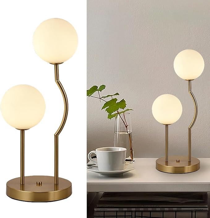 Mid Century Gold Globe Table Lamp 2-Light Orb Modern Beside Desk Table Light with Milk White Glass Shade Metal Base Nightstand Lamp for Bedroom Bedside