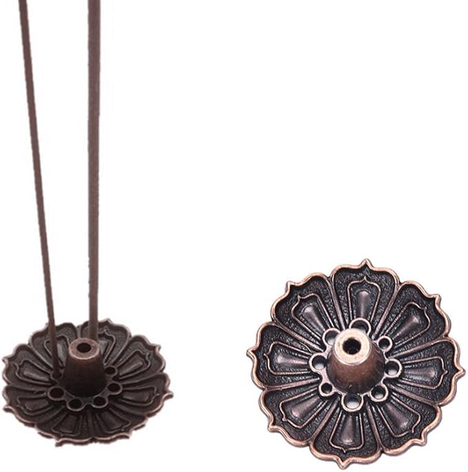 Secret for Longevity Copper Bronze Antique Chinese Asian Style Lotus Flower Incense Burner Pot w/Stick Cone Coil Holder w/White Sage Cones Zen Buddha Buddhist Meditation Decor Gift Set