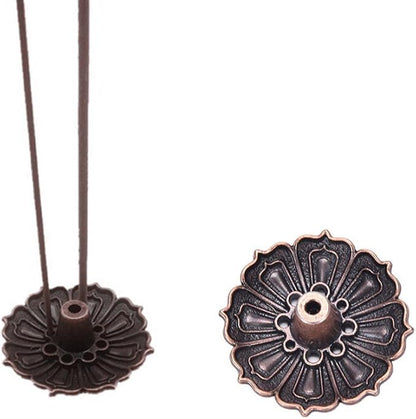 Secret for Longevity Copper Bronze Antique Chinese Asian Style Lotus Flower Incense Burner Pot w/Stick Cone Coil Holder w/White Sage Cones Zen Buddha Buddhist Meditation Decor Gift Set