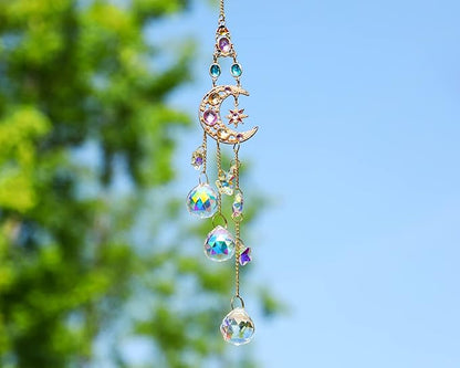 H&D HYALINE & DORA Handmade Crystal Moon&Star Prisms Suncatchers, Glass Window Hanging Ornament, Rainbow Rhinestones Decor for Home Garden Imitation Jewellery