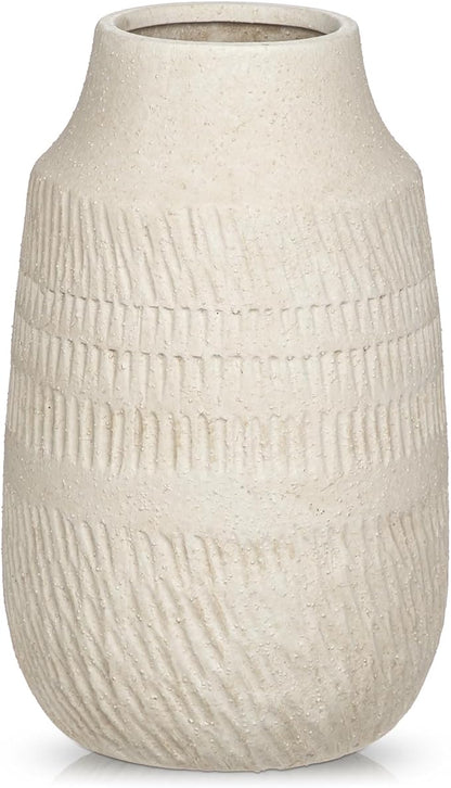 9" Pottery Vase with Sand-Grain Textured, Rustic Ceramic Vase for Mediterranean, Vintage & Farmhouse Style on Desktop Decor, Slender & Beige White