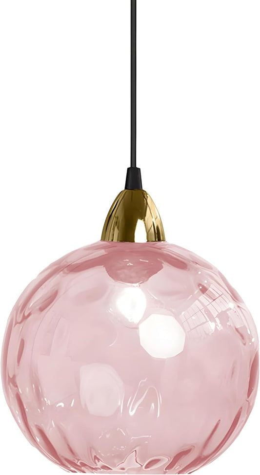 20cm/7.9’’ Industrial Vintage Spherical Glass Pendant Light, E26 Ceiling Hanging Lamp, Gold Finish & Ripple Glass Globe Shade, Dining Room Bedroom Chandelier (Pink)