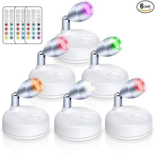 Small Spotlight Battery Operated Spot Lights Indoor Uplighting Picture Mini Accent Light Wireless LED with Remote RGB + W Angle Adjustable w/Timer & Dimmer for Display Art Paintings