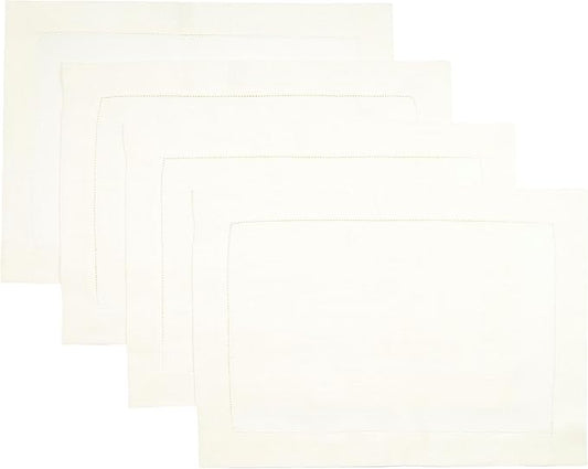 D'Moksha Homes Linen Placemats Set of 4 - Classic Hemstitch Ivory Placemats 14 x 19 Inch - 100% Pure Linen Table Mats for Valentines, Holiday, New Year - Handcrafted and Machine Washable