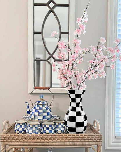 Black and White Ceramic Vase, 11" Tall Black Checkered Vase in Wide Mouth, Large Decorative Flower Vases for Decor Living Room, Table Centerpiece, Dining Room, Entryways, Wedding Decor, Porcelain Vase