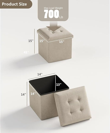 Folding Storage Ottoman Bench, Multi-Functional Ottoman Foot Rest, End of Bed Bench, Storage Chest for Living Room, Bedroom, Hallway, Entryway, Holds Up to 300 lbs (Beige, 15 Inches)