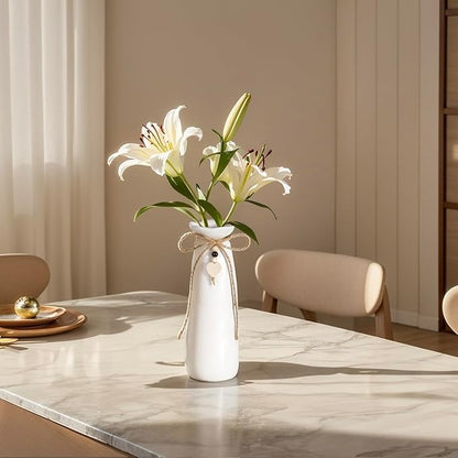 8 Inch Ceramic Vase with Jute Rope & Heart Charm, Elegant White Decorative Vase for Home Décor & Table Centerpieces