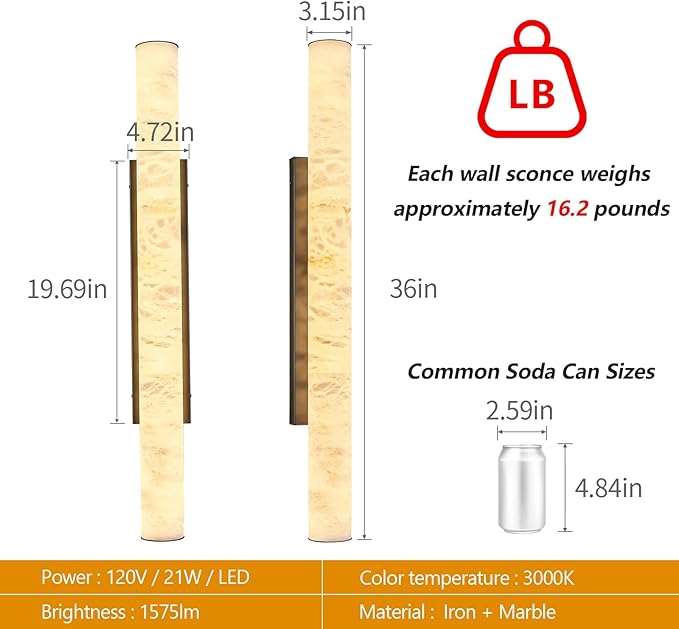 LMQNINE Natural Alabaster Wall Sconces Spanish Marble Wall Light Cylinder Modern Black LED Sconce for Living Room Bedroom Bathroom Stairs（L-1Pack）