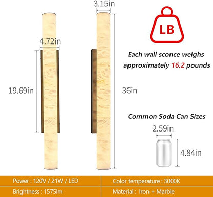LMQNINE Natural Alabaster Wall Sconces Set of Two Spanish Marble Wall Light Cylinder Modern Black LED Sconce for Living Room Bedroom Bathroo Stairs（L-2Pack）