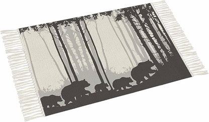Rustic Bear Runner Rug 3X5 Ft Bedroom Area Rug, Washable Woven Forest Animal Rustic Cabin Throw Carpet with Tassel, Non-Shedding Farmhouse Vintage Nature Scenery Art Dining Room Living Room Carpets