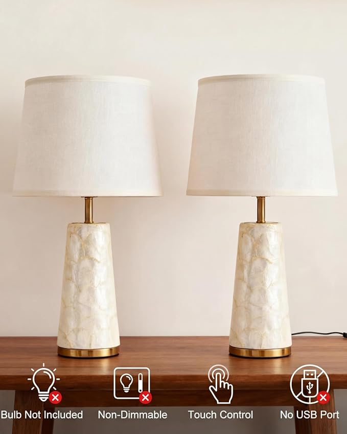 Coastal Table Lamps for Bedroom Nightstand Set of 2, Touch Control Ocean Beach Nautical Seashell Lamp, Modern Sea Shell Bedside Night Stands Light for Beachy Cottage Farmhouse Decor (Gold)
