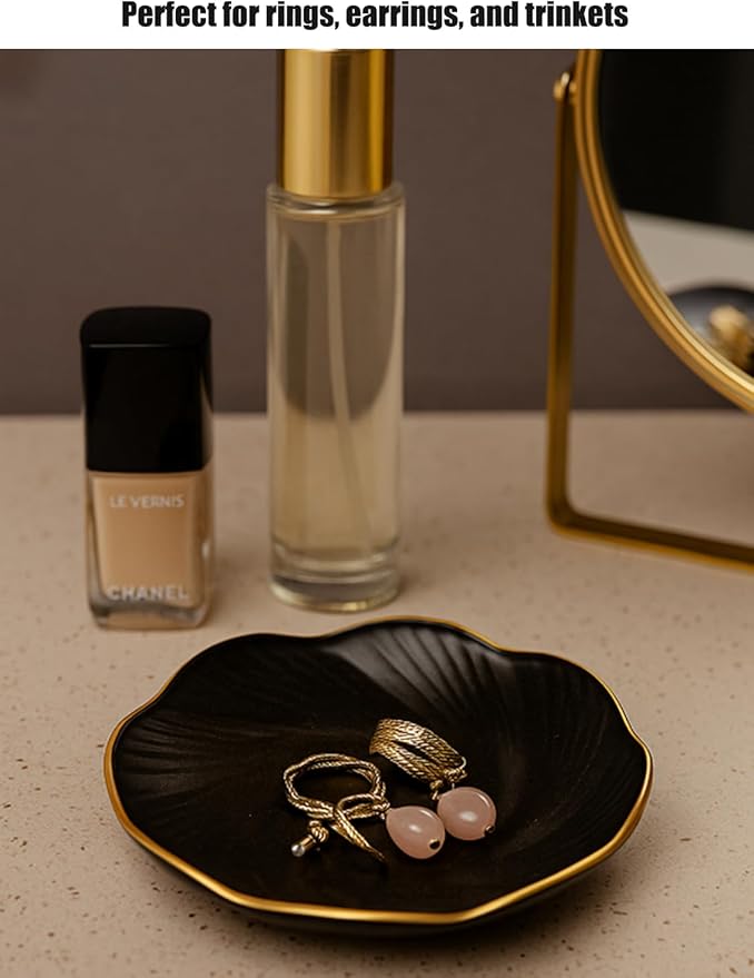 Black Ceramic Jewelry Tray with Gold Edge, 5 Inch Modern Trinket Dish for Rings & Earrings, Minimal Vanity Organizer