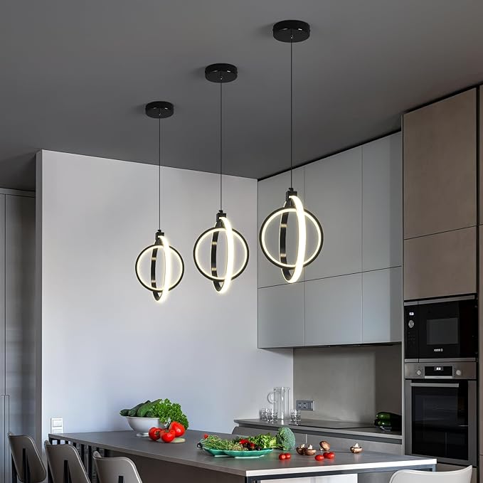Modern LED Pendant Lights Plated Black Farmhouse Ring Pendant Light Fixtures 4000K Dimmable Round Pendant Lighting for Dining Room Kitchen Island Bedroom Living Room Foyer（3-Pack）