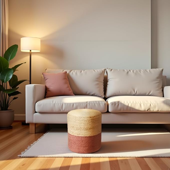 REDEARTH · Cylindrical Pouf Foot Stool Ottoman - Jute Braided Pouffe Poof Accent Sitting Footrest for Living Room, Bedroom, Nursery, Patio, Lounge Set of 2 (Natural Rust, 14.5"X14.5"X16")