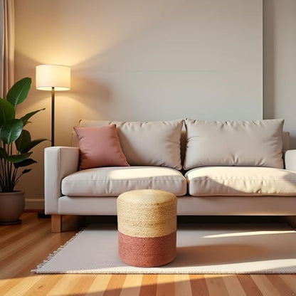 REDEARTH · Cylindrical Pouf Foot Stool Ottoman - Jute Braided Pouffe Poof Accent Sitting Footrest for Living Room, Bedroom, Nursery, Patio, Lounge (Natural Rust, 14.5"X14.5"X16")