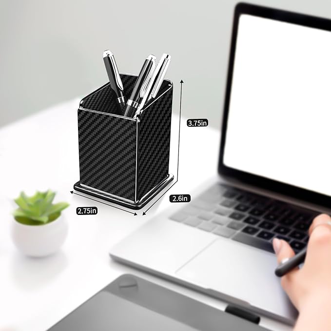 Carbon Fiber Pen Holder Pencil Holder for Desk, Desktop Organizer and Black Pencil Cup for Office, School, Home,Glossy Black