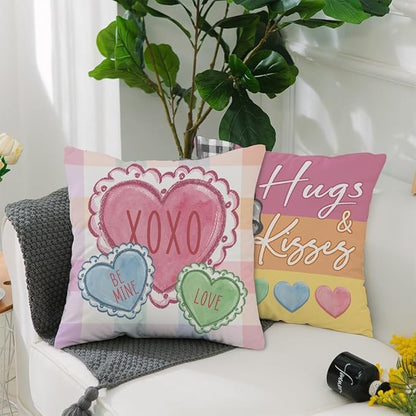 GEEORY Valentine's Day Throw Pillow Covers 18x18 Inch Set of 4, Be My Valentine Hearts Hugs Kisses Love XOXO Sweet Decorative Farmhouse Holiday Cushion Case for Home Decoration G643-18
