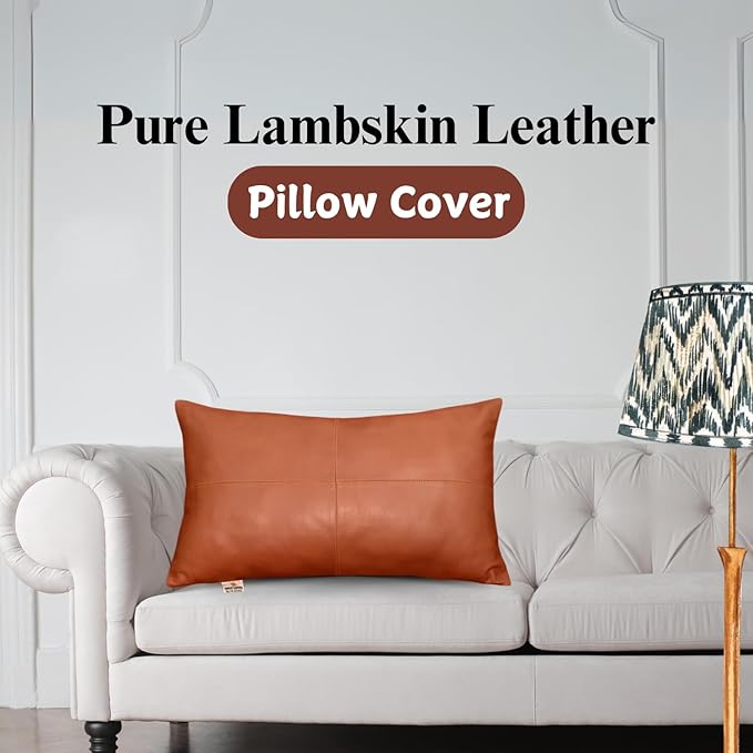 100% Lambskin Leather Pillow Cover - Sofa Cushion Case - Decorative Throw Covers for Living Room & Bedroom, 12x20 Inch - Mango Tan Antique Plain Pack of 1