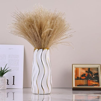 11.5" White Ceramic Vase - Minimalist White and Gold Flower Vase, Large Pampas Grass Vase, Boho Decorative Centerpiece Vase for Home Decor, Table, Shelf, Mantel, and Entryway