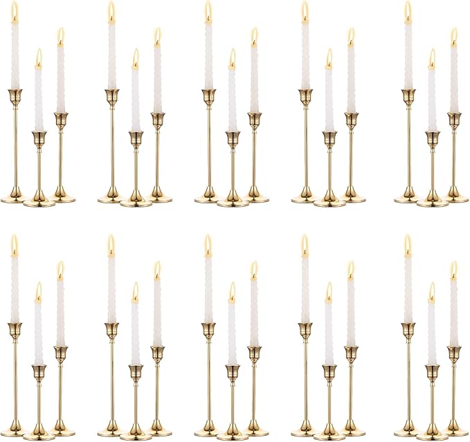 SylvaCraft Brass Gold Candle Holders Rustproof Taper Candlestick Holders for Holiday Party Table Centerpiece Wedding Fireplace Mantel Housewarming Gift(10 Sets(30 Pcs))